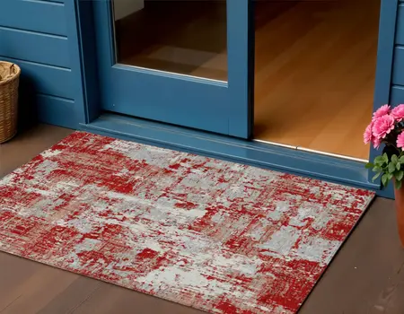 3' X 5' Red Gray And Ivory Abstract Washable Indoor Outdoor Area Rug