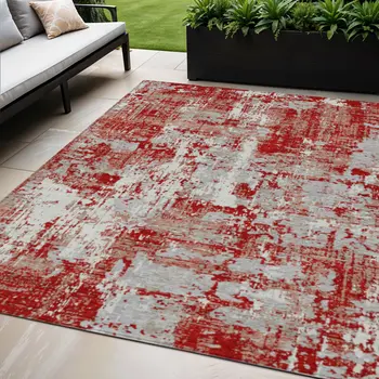 5' X 8' Red Gray And Ivory Abstract Washable Indoor Outdoor Area Rug