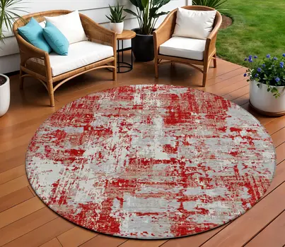 8' Red Gray And Ivory Round Abstract Washable Indoor Outdoor Area Rug