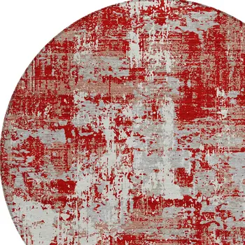8' Red Gray And Ivory Round Abstract Washable Indoor Outdoor Area Rug