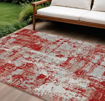 8' X 10' Red Gray And Ivory Abstract Washable Indoor Outdoor Area Rug