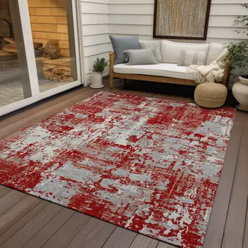 8' X 10' Red Gray And Ivory Abstract Washable Indoor Outdoor Area Rug