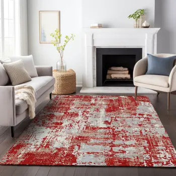 8' X 10' Red Gray And Ivory Abstract Washable Indoor Outdoor Area Rug