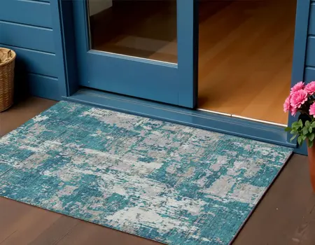 3' X 5' Teal Blue Gray And Ivory Abstract Washable Indoor Outdoor Area Rug