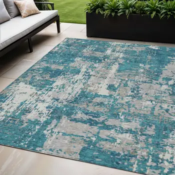 5' X 8' Teal Blue Gray And Ivory Abstract Washable Indoor Outdoor Area Rug
