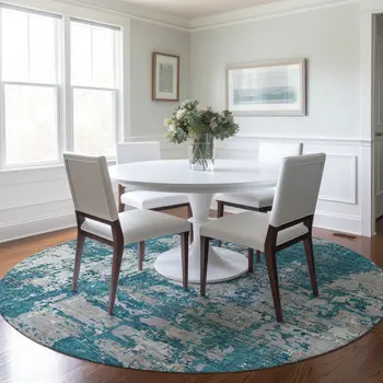 8' Teal Blue Gray And Ivory Round Abstract Washable Indoor Outdoor Area Rug