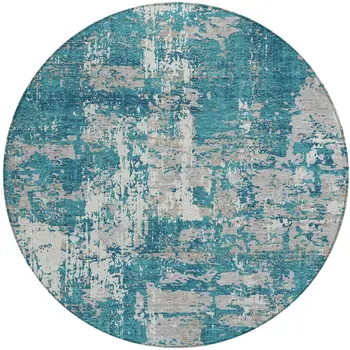 8' Teal Blue Gray And Ivory Round Abstract Washable Indoor Outdoor Area Rug