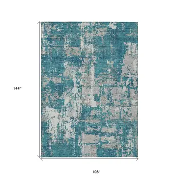 9' X 12' Teal Blue Gray And Ivory Abstract Washable Indoor Outdoor Area Rug