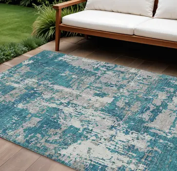 9' X 12' Teal Blue Gray And Ivory Abstract Washable Indoor Outdoor Area Rug