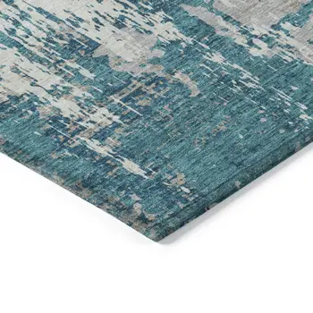 10' X 14' Teal Blue Gray And Ivory Abstract Washable Indoor Outdoor Area Rug