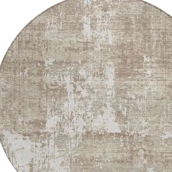 8' Taupe And Ivory Round Abstract Washable Indoor Outdoor Area Rug