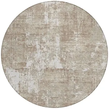 8' Taupe And Ivory Round Abstract Washable Indoor Outdoor Area Rug