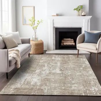 9' X 12' Taupe And Ivory Abstract Washable Indoor Outdoor Area Rug
