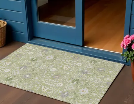 3' X 5' Artichoke Green Gray And Ivory Oriental Washable Indoor Outdoor Area Rug