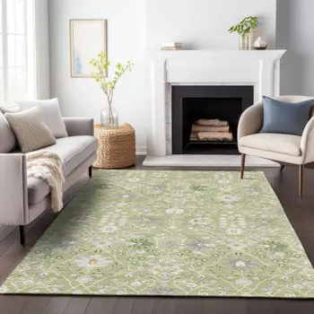 3' X 5' Artichoke Green Gray And Ivory Oriental Washable Indoor Outdoor Area Rug