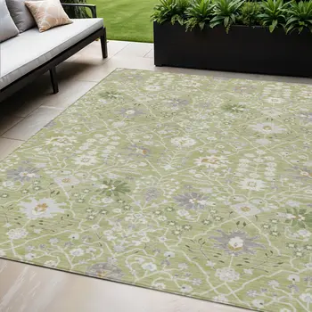5' X 8' Artichoke Green Gray And Ivory Oriental Washable Indoor Outdoor Area Rug
