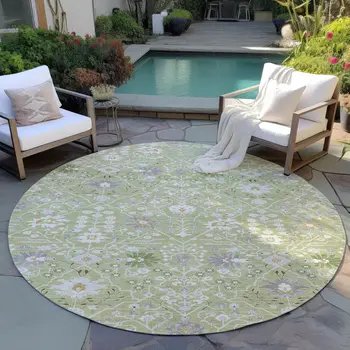 8' Artichoke Green Gray And Ivory Round Oriental Washable Indoor Outdoor Area Rug