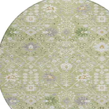 8' Artichoke Green Gray And Ivory Round Oriental Washable Indoor Outdoor Area Rug