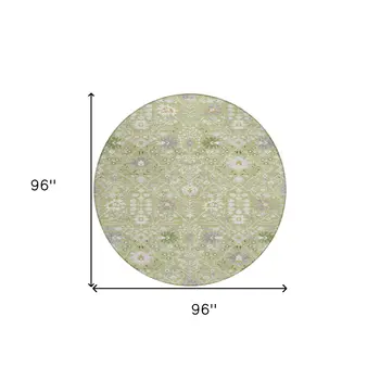 8' Artichoke Green Gray And Ivory Round Oriental Washable Indoor Outdoor Area Rug