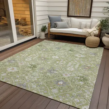8' X 10' Artichoke Green Gray And Ivory Oriental Washable Indoor Outdoor Area Rug