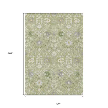 10' X 14' Artichoke Green Gray And Ivory Oriental Washable Indoor Outdoor Area Rug