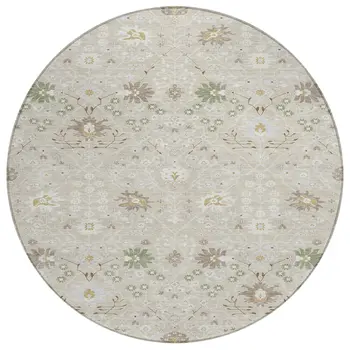 8' Beige Brown And Green Round Oriental Washable Indoor Outdoor Area Rug