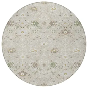 8' Beige Brown And Green Round Oriental Washable Indoor Outdoor Area Rug