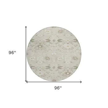 8' Beige Brown And Green Round Oriental Washable Indoor Outdoor Area Rug