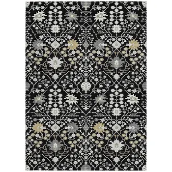 3' X 5' Black Ivory And Gray Oriental Washable Indoor Outdoor Area Rug
