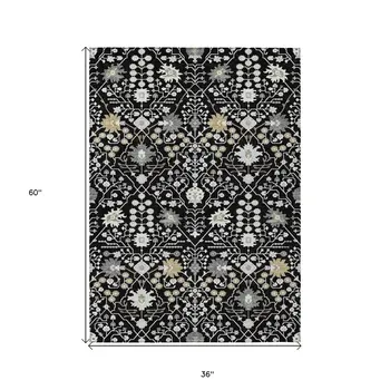 3' X 5' Black Ivory And Gray Oriental Washable Indoor Outdoor Area Rug