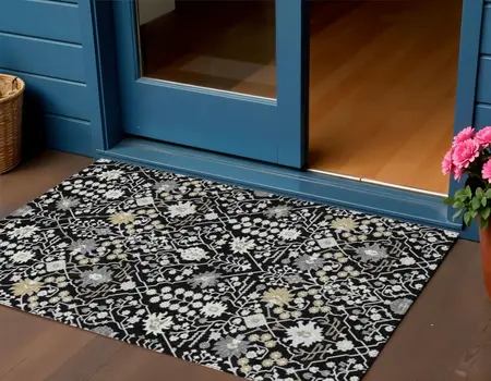 3' X 5' Black Ivory And Gray Oriental Washable Indoor Outdoor Area Rug