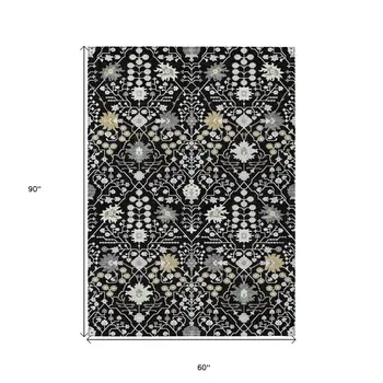 5' X 8' Black Ivory And Gray Oriental Washable Indoor Outdoor Area Rug