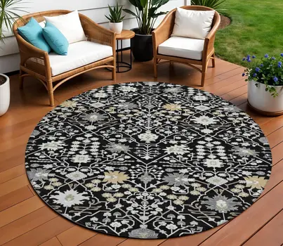 8' Black Ivory And Gray Round Oriental Washable Indoor Outdoor Area Rug