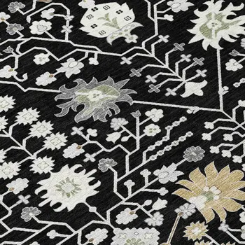 8' Black Ivory And Gray Round Oriental Washable Indoor Outdoor Area Rug