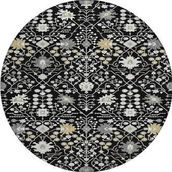 8' Black Ivory And Gray Round Oriental Washable Indoor Outdoor Area Rug