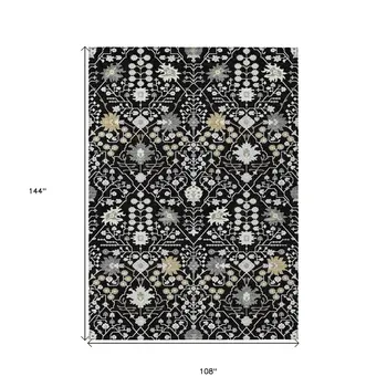 9' X 12' Black Ivory And Gray Oriental Washable Indoor Outdoor Area Rug