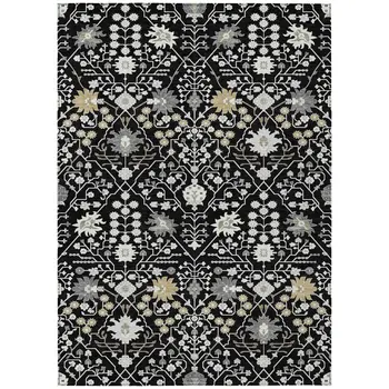 9' X 12' Black Ivory And Gray Oriental Washable Indoor Outdoor Area Rug