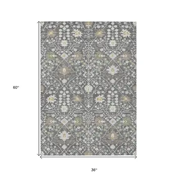 3' X 5' Charcoal Ivory And Green Oriental Washable Indoor Outdoor Area Rug