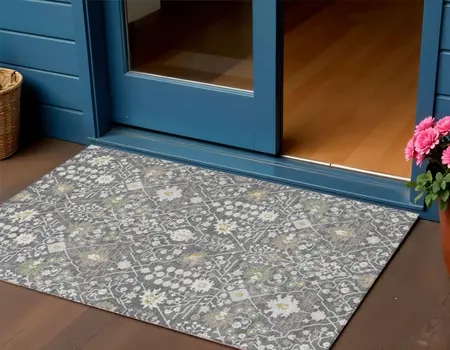 3' X 5' Charcoal Ivory And Green Oriental Washable Indoor Outdoor Area Rug