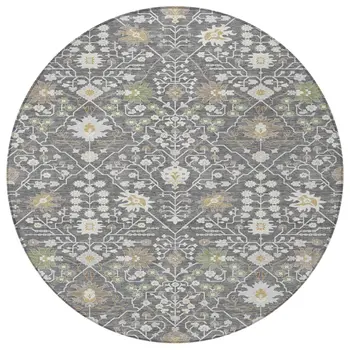 8' Charcoal Ivory And Green Round Oriental Washable Indoor Outdoor Area Rug