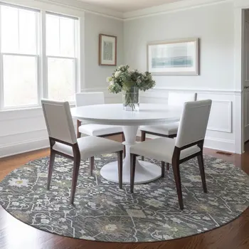 8' Charcoal Ivory And Green Round Oriental Washable Indoor Outdoor Area Rug