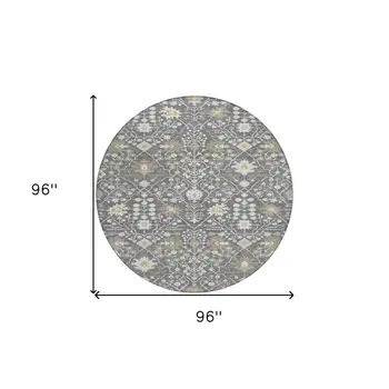 8' Charcoal Ivory And Green Round Oriental Washable Indoor Outdoor Area Rug