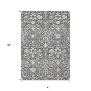 8' X 10' Charcoal Ivory And Green Oriental Washable Indoor Outdoor Area Rug