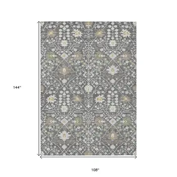 9' X 12' Charcoal Ivory And Green Oriental Washable Indoor Outdoor Area Rug