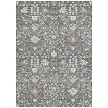10' X 14' Charcoal Ivory And Green Oriental Washable Indoor Outdoor Area Rug