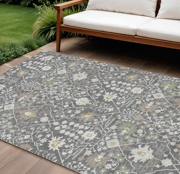 10' X 14' Charcoal Ivory And Green Oriental Washable Indoor Outdoor Area Rug