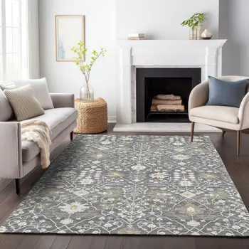 10' X 14' Charcoal Ivory And Green Oriental Washable Indoor Outdoor Area Rug