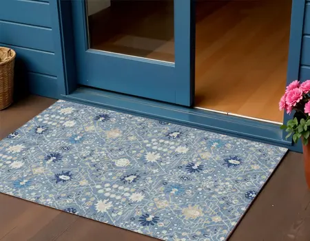 3' X 5' Denim Blue Ivory And Beige Oriental Washable Indoor Outdoor Area Rug