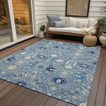 3' X 5' Denim Blue Ivory And Beige Oriental Washable Indoor Outdoor Area Rug