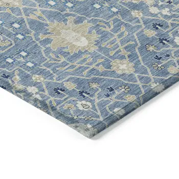 3' X 5' Denim Blue Ivory And Beige Oriental Washable Indoor Outdoor Area Rug
